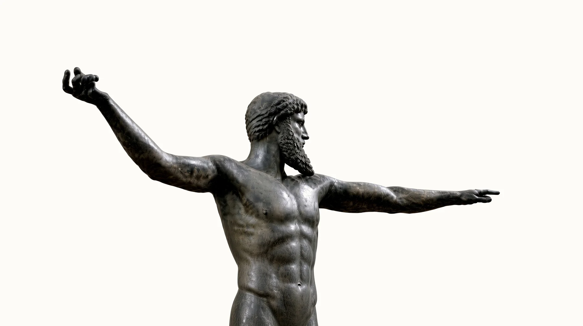Bronze statue of a bearded Greek god with his right arm extended